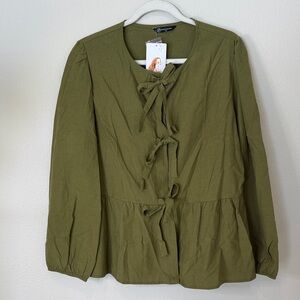 Tie-Front Peplum Blouse in Olive Green